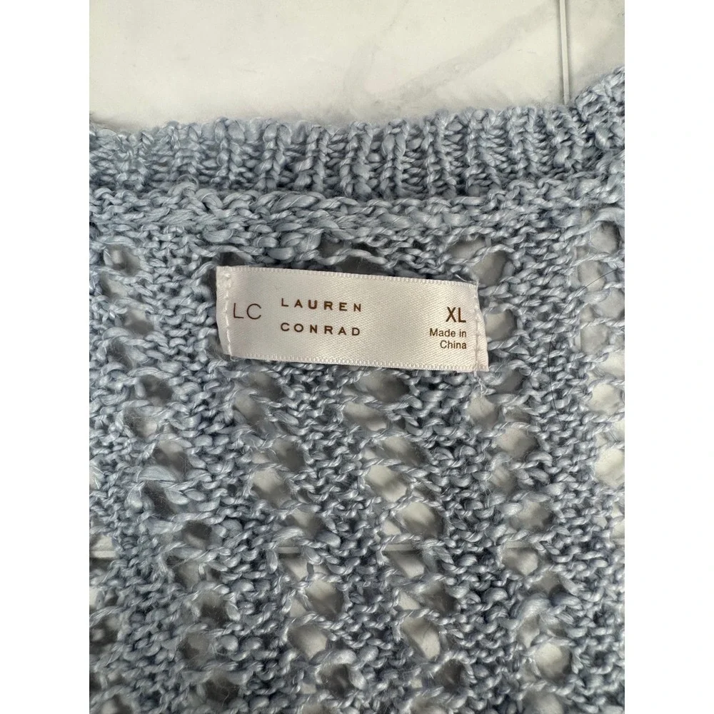 LC Lauren Conrad Women XL Light Blue Open Knit Crochet Ruffle Cardigan WL32S005R
